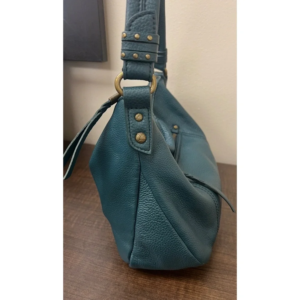 The Sak Sequoia Leather Shoulder Bag Teal Blue Green Hobo Purse Brass Hardware